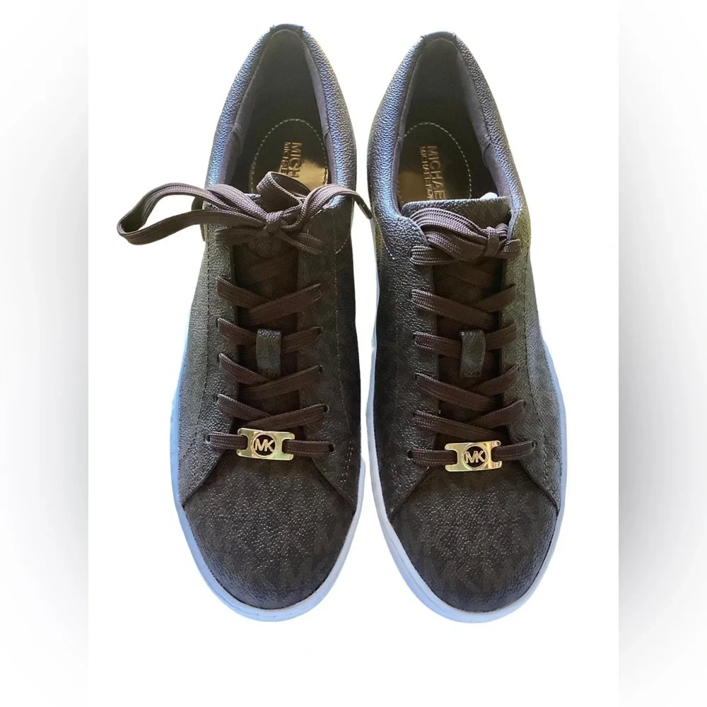 NIB! MICHEAL KORS Keaton Lace Up MK Signature Sneakers Brown w/ Gold